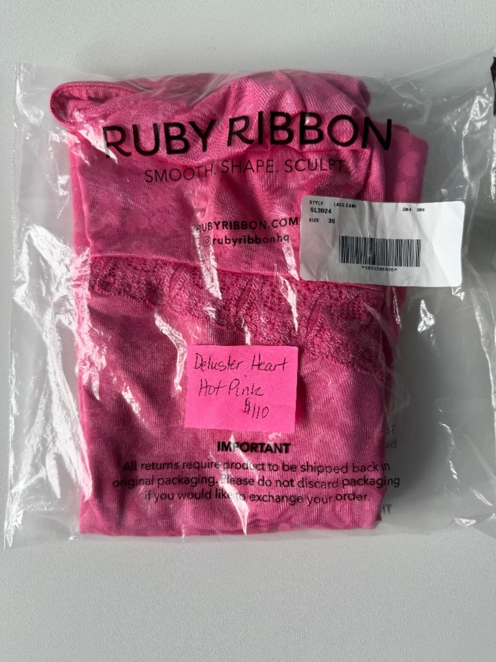 Ruby Ribbon Lace Full Support Cami SL3024 Size 36 Deluster Heart Hot Pink New